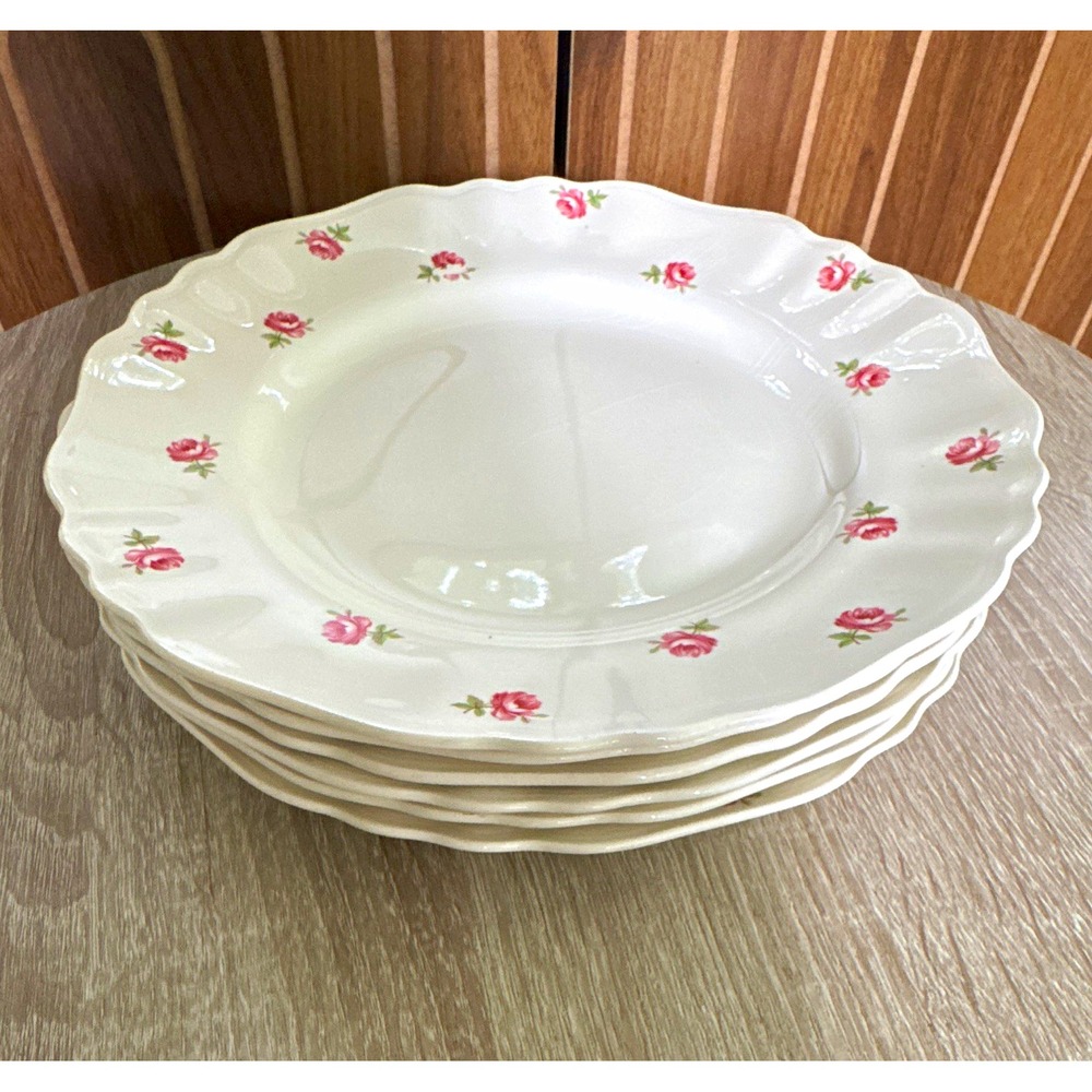 J&G Meakin England SOL 394413 White Floral Pink Rose Round Plate 10" Set of Six